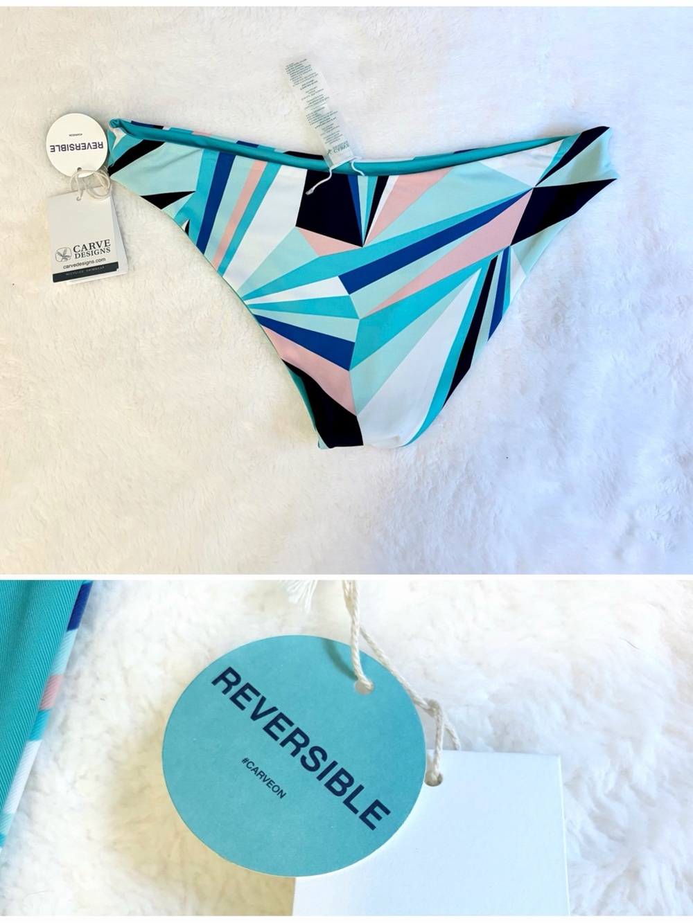 NWT Carve Designs Teal & Navy Geo Reversible Bikini Bottom Surf Swim Large